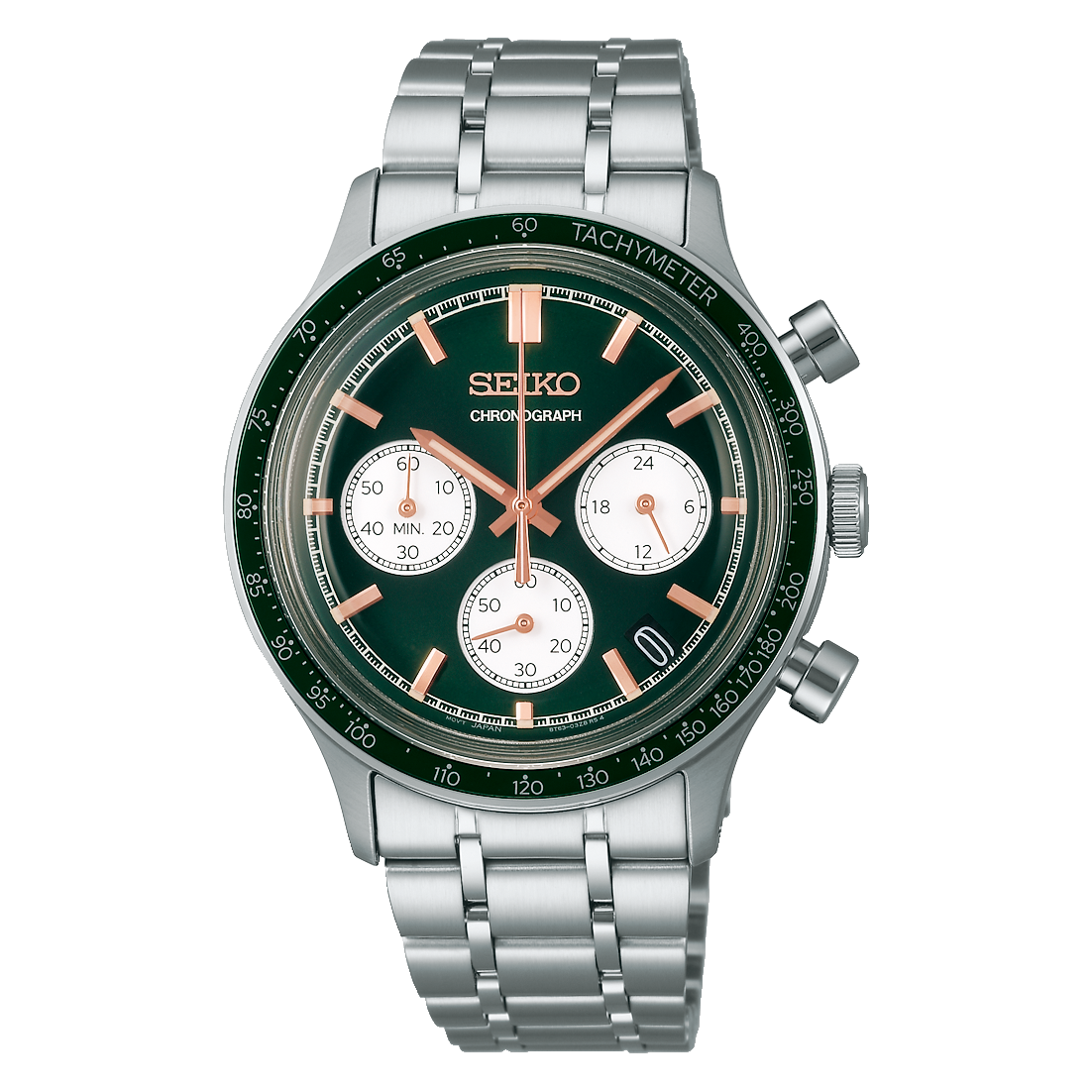 Seiko watch with silver bracelet and green dial on a white background