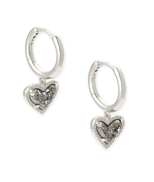 Kendra Scott ARI Heart Huggie Earrings feature playful silver hoops with sparkling drusy heart charms.