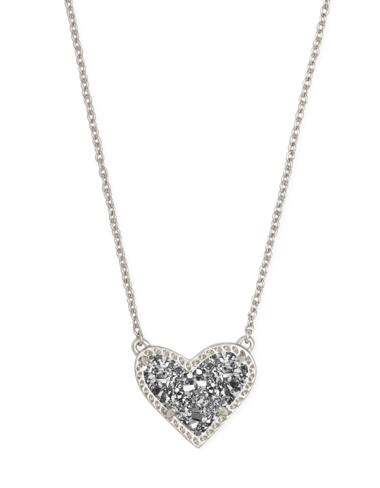 Kendra Scott Ari Heart Short Pendant Necklace with a sparkling platinum drusy center on a silver-toned chain.
