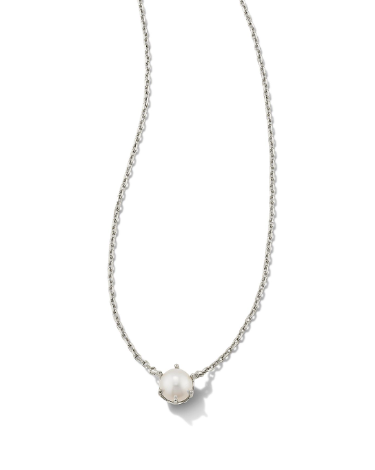 Kendra Scott ASHTON Pearl Pendant Necklace in silver with a single round white pearl, shown on a white background.