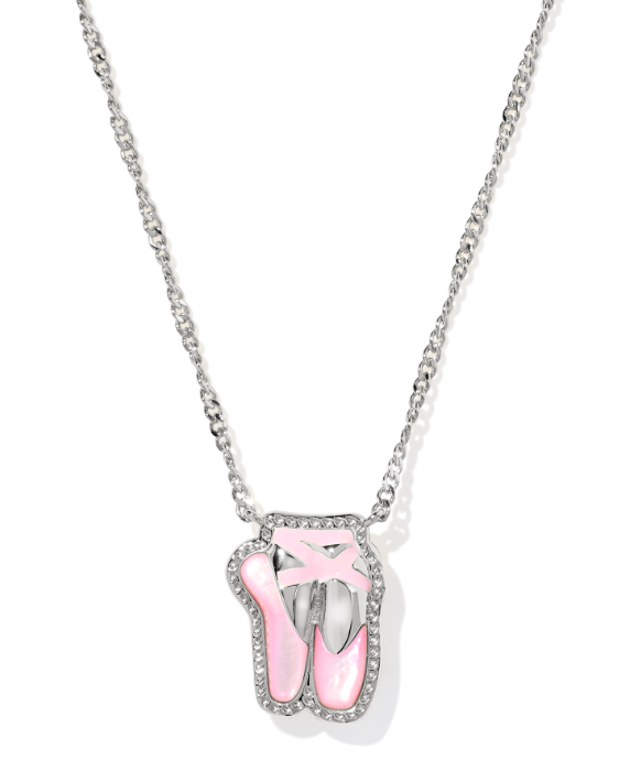 Kendra Scott Ballet Short Pendant Necklace in silver features blush mother of pearl and clear stones shaped like slippers.