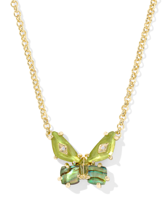 Kendra Scott BIANCA Butterfly short gold necklace with green & iridescent stones, diamond accents.