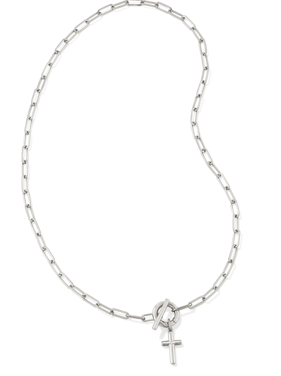 Kendra Scott CROSS LINK AND CHAIN NECKLACE SILVER features a sleek silver chain with a cross pendant and toggle clasp.