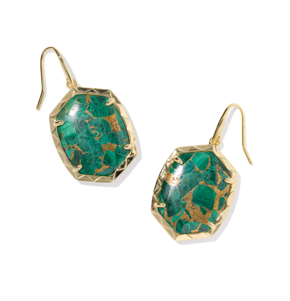 Kendra Scott Daphne Drop Earrings in gold feature bronze veined green malachite stones in a geometric setting.