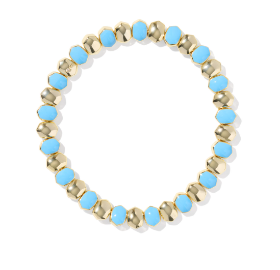 Kendra Scott Daphne gold and light blue enamel stretch bracelet displayed in a circle on a white background.
