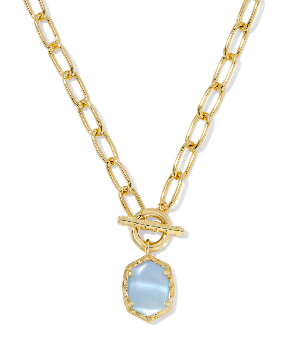 Kendra Scott Daphne gold link necklace with a light blue mother-of-pearl pendant and toggle clasp.