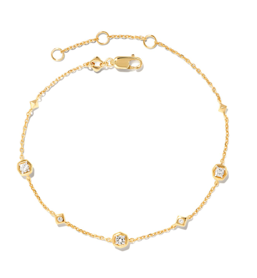 Kendra Scott Davie Trio bracelet in 18K gold vermeil with white sapphires and a secure lobster clasp.