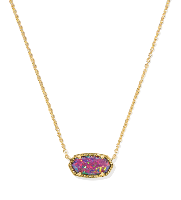 Kendra Scott Elisa Pendant Necklace features a dark lavender opal on a gold chain, set against a white background.