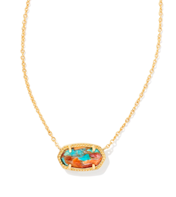 Kendra Scott Elisa short gold necklace with a hexagonal bronze veined turquoise magnesite and red oyster stone.