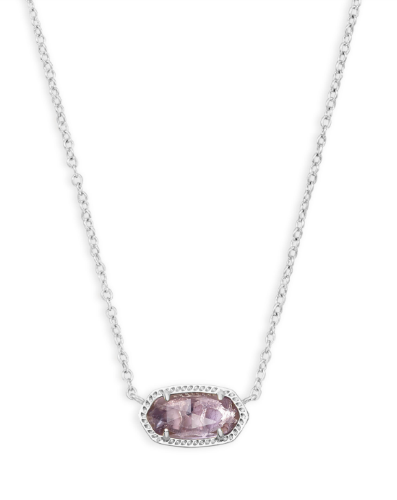 Kendra Scott Elisa Short Pendant Necklace features a rhodium chain and a purple amethyst stone in an ornate bezel.
