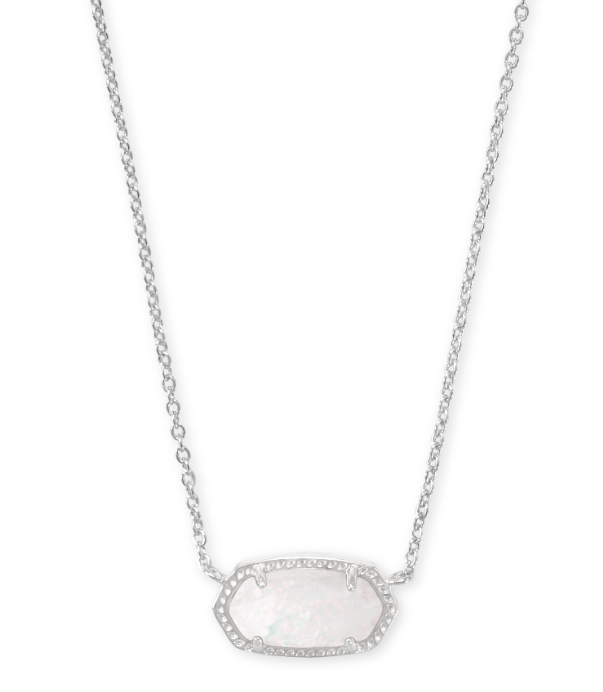 Kendra Scott Elisa Short Pendant Necklace in Rhodium with a white opal stone on a delicate silver chain.