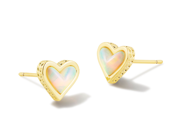 Kendra Scott Framed Ari Heart Stud Earrings in gold with white opalescent resin, shown on a white background.