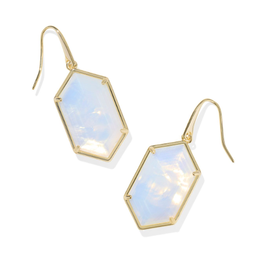 Kendra Scott HALLIE Drop Earrings feature gold and opalite illusion stones in hexagonal frames on a white background.