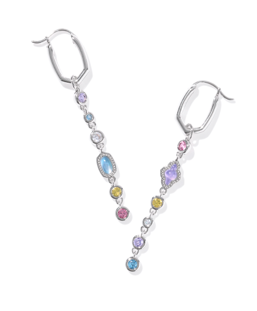 Kendra Scott MINI ELISA ABBIE Huggie Earrings in silver multi mix, with colorful gemstones and chain detail on white.