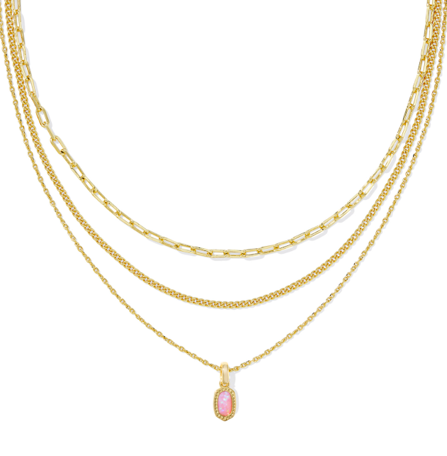 Kendra Scott MINI ELISA Triple Strand Necklace in Gold with Carnation Kyocera Opal shown on a white background.
