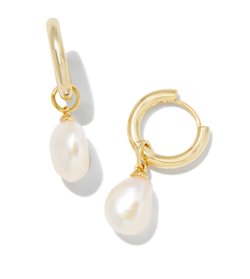 Kendra Scott WILLA Pearl Huggie Earrings in Gold with white pearls, shown on a white background.