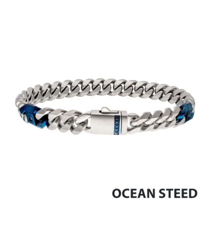 Inox OCEAN STEED: Matte steel Cuban bracelet with two blue IP links, black sapphire, and clasp.