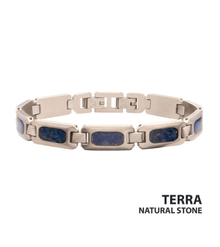 Inox matte finish stainless steel link bracelet with blue lapis lazuli stone inlays; "Inox" at bottom right.