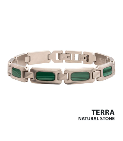 Inox matte finish stainless steel link bracelet with malachite stone inlay, sizeable, from the Inox TERRA Collection.