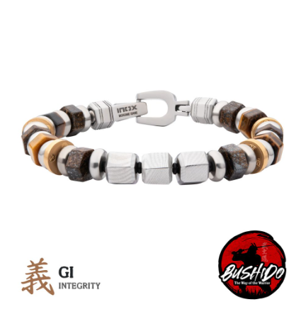 The Inox 8mm Mokume Gane bracelet features bronzite, tiger’s eye beads, GI: Integrity and Bushido logos.