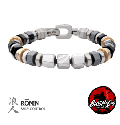 Inox 8mm Mokume Gane, Hematite & Onyx Bushido Virtue Bracelet—RONIN: Self-Control, with Bushido logos.