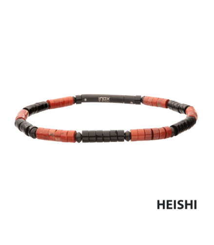 Inox Inferno Heishi Bead Bracelet—Red Jasper & Onyx beads, perfect for a bold, stylish look.