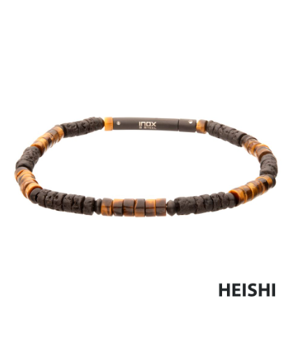 The Inox Magma Tiger Heishi Bead Bracelet features tiger-eye and lava beads, perfect as a men's natural stone accessory.