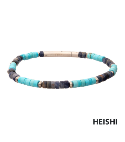 Inox Azure Voyager Heishi Bead Bracelet with turquoise and sodalite beads, silver accents, and Inox branding below.