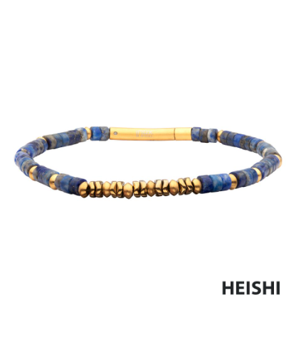 Inox SkyWeaver (Hematite/Lapis Lazuli) Heishi Bead Bracelet with cylindrical clasp, Inox in bold at bottom right.