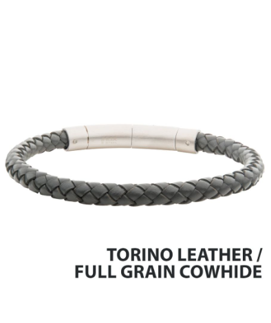 The Inox 6mm grey full grain cowhide leather bracelet features a sleek design and durable craftsmanship.