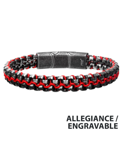 Inox Antique Finish Stainless Steel Box Chain with Red Wax Cord Bracelet, labeled “ALLEGIANCE / ENGRAVABLE” in bold.