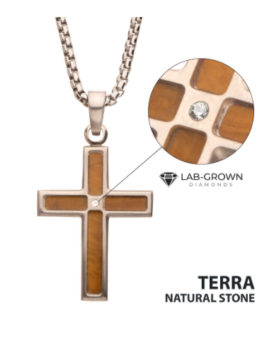 Inox Matte Finish Stainless Steel Cross Pendant with Tiger Eye Stone Inlay and Lab-Grown Diamond center for men.