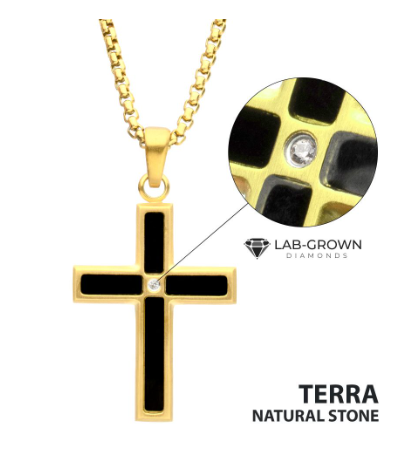 Inox 18Kt Gold IP cross pendant with black onyx inlay, lab-grown diamond, and matte finish steel.