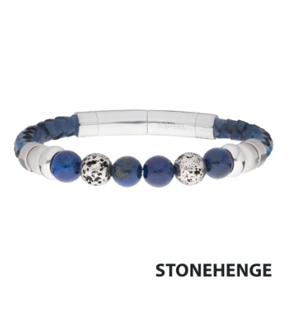 The Inox Blue Braided Leather Bracelet features lapis lazuli stone beads in blue, white, and speckled shades.