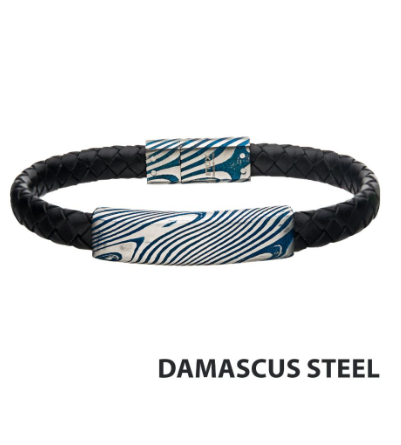 Inox Black Leather Bracelet with Blue IP Damascus Steel Plate; men’s jewelry with “DAMASCUS STEEL” text.