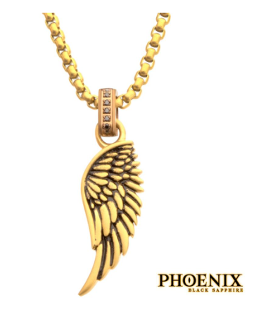 Inox 18Kt Gold IP Matte Steel Phoenix Pendant with a Brown Glint Black Sapphire bail, labeled at bottom right.