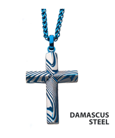 Inox Blue IP Damascus Steel Cross Pendant on wheat chain; DAMASCUS STEEL text appears on right.