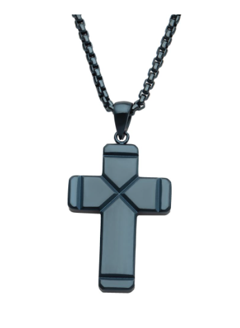 The Inox Blue IP Ridged Compact Cross Pendant features a cobalt blue box chain and geometric detailing.