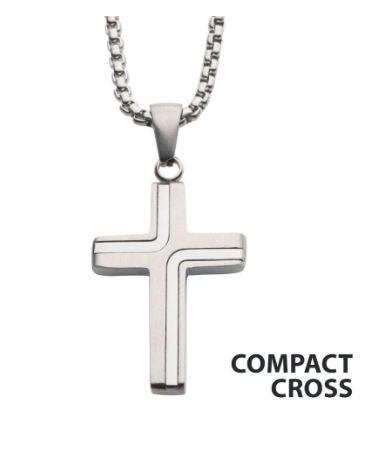 Inox 22" Steel Cross Drop Pendant on a men's round box chain, shown with COMPACT CROSS text on white.