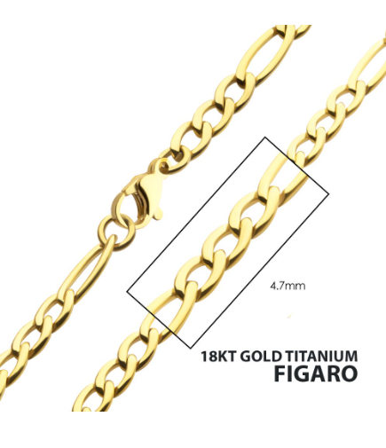 Close-up of Inox 22" 4.7mm 18Kt Gold IP Titanium Figaro Chain Necklace for men with lobster clasp.