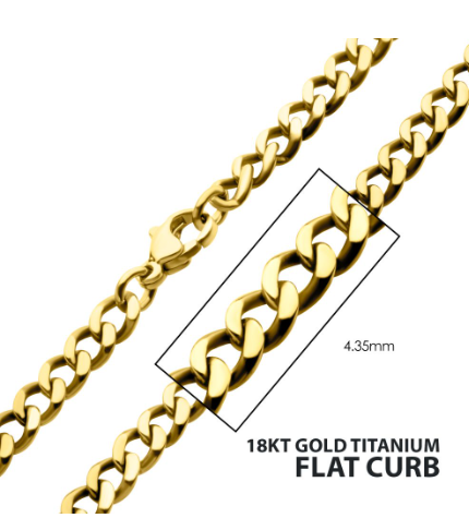 Close-up of Inox 24" 4.35mm 18Kt Gold IP Titanium Flat Curb Chain Necklace, men's style, with visible clasp.