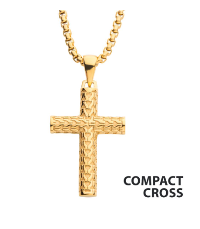 Inox 22" 18Kt gold IP scale cross drop pendant hangs on a bold box chain, labeled COMPACT CROSS.
