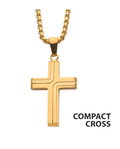 Inox 22" 18Kt Gold IP Cross Drop Pendant with Round Box Chain; "COMPACT CROSS" appears beside it.