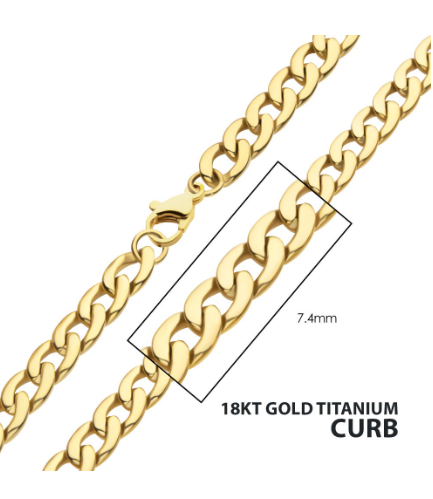 The Inox 22" 7.4mm 18Kt Gold IP Titanium Curb Chain Necklace with lobster clasp on white background.