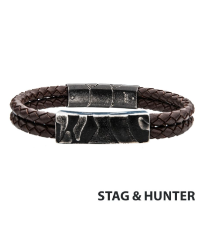Inox brown leather bracelet with gun metal 3D canyon pattern, shown with Inox below. Adjustable men's bracelet.