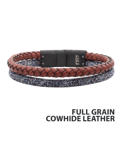 Inox Black/White nylon cord and brown full grain cowhide leather stacking duo bracelet with black clasp.