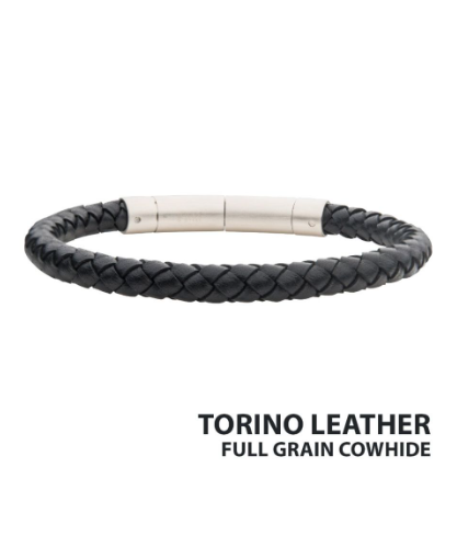 Inox 6mm Black Full Grain Cowhide Leather Bracelet with silver clasp, labeled Inox below the bracelet.