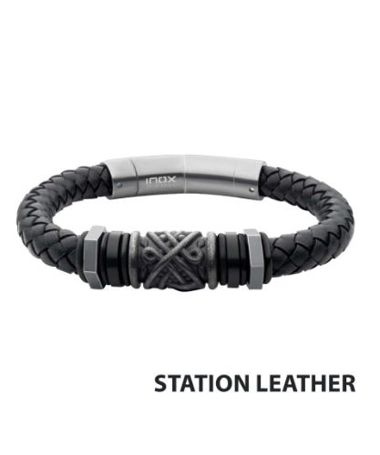 Inox Black full grain cowhide leather braided bracelet with gun metal beads by Inox.