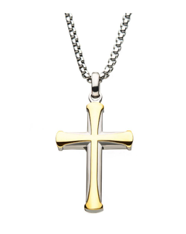 Inox 24" Stainless Steel Gold IP Apostle Cross Pendant with chain, silver/gold accents, shown on white.