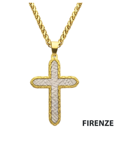 Inox 24" 18Kt Gold IP stainless steel bold cross Firenze pendant with wheat chain and chiseled detail.